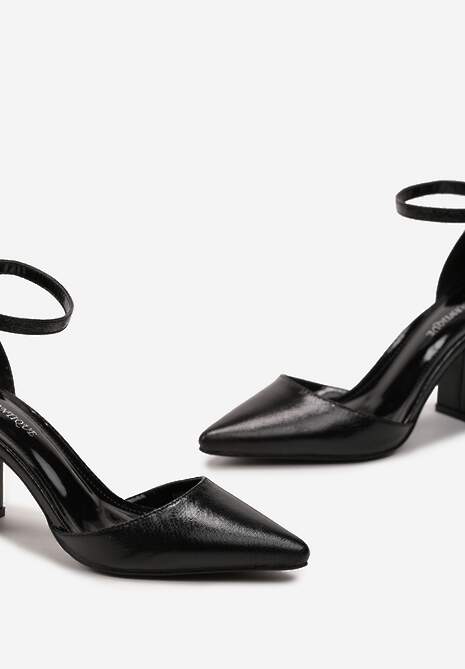 Czarne Czółenka na Obcasie z Metalicznym Połyskiem i Tłoczeniem Efrudia