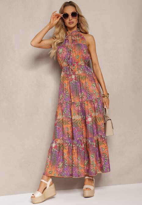 Pomarańczowo-Różowa Sukienka w Stylu Boho z Gumką w Talii i Ozdobnym Wiązaniem Piofara