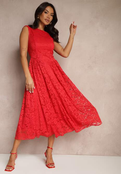 Czerwona Rozkloszowana Sukienka z Koronki z Wycięciem na Plecach Meltewia