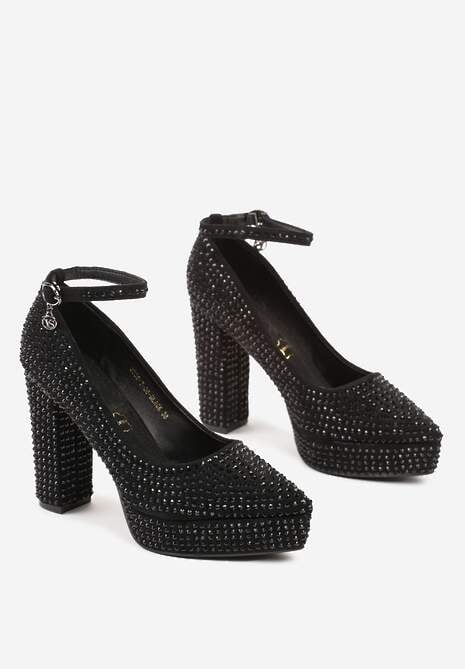 Czarne Czółenka Vices na Słupku i Platformie z Wkładką ze Skóry Naturalnej Ozdobione Cekinami i Aplikacją Liliwen