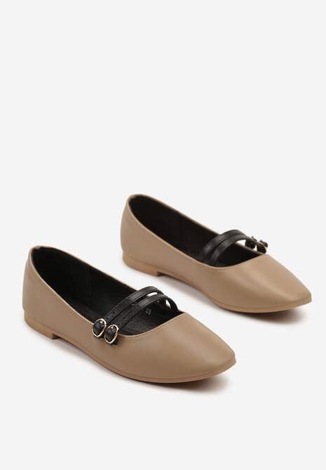Ciemnobeżowe Balerinki w Stylu Mary Jane z Paseczkami Davinara