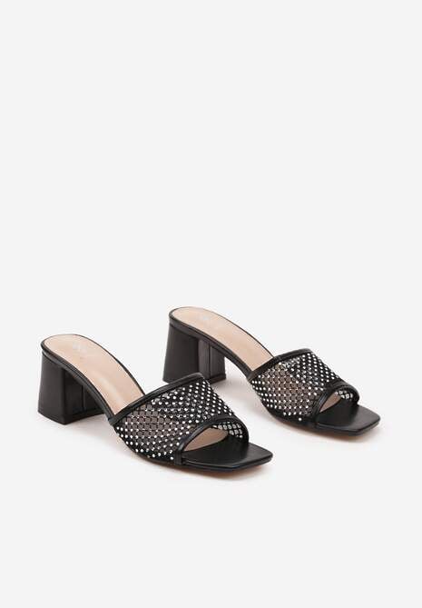 Czarne Siateczkowe Klapki na Słupku Ozdobione Cyrkoniami Senadrela