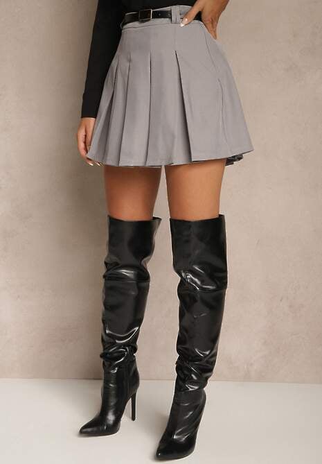 Szare Spódnico-Spodenki High Waist z Plisowaniem Wykończone Paskiem Eviennes