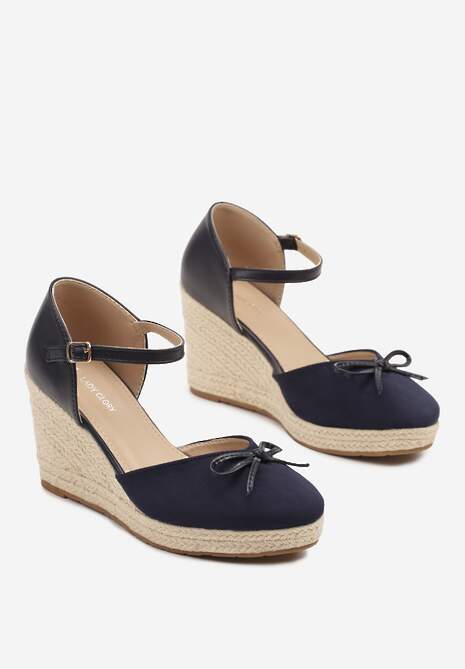 Niebieskie Sandały z Plecionką na Koturnie w Stylu Espadryli z Kokardką Zilara