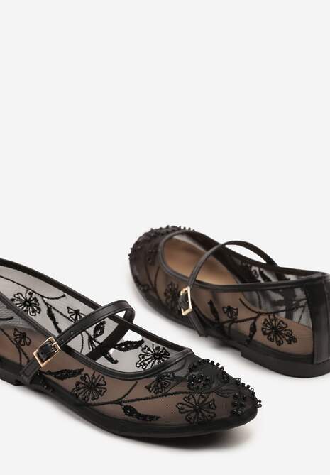 Czarne Balerinki Siateczkowe z Haftami i Sprzączką Diviaria