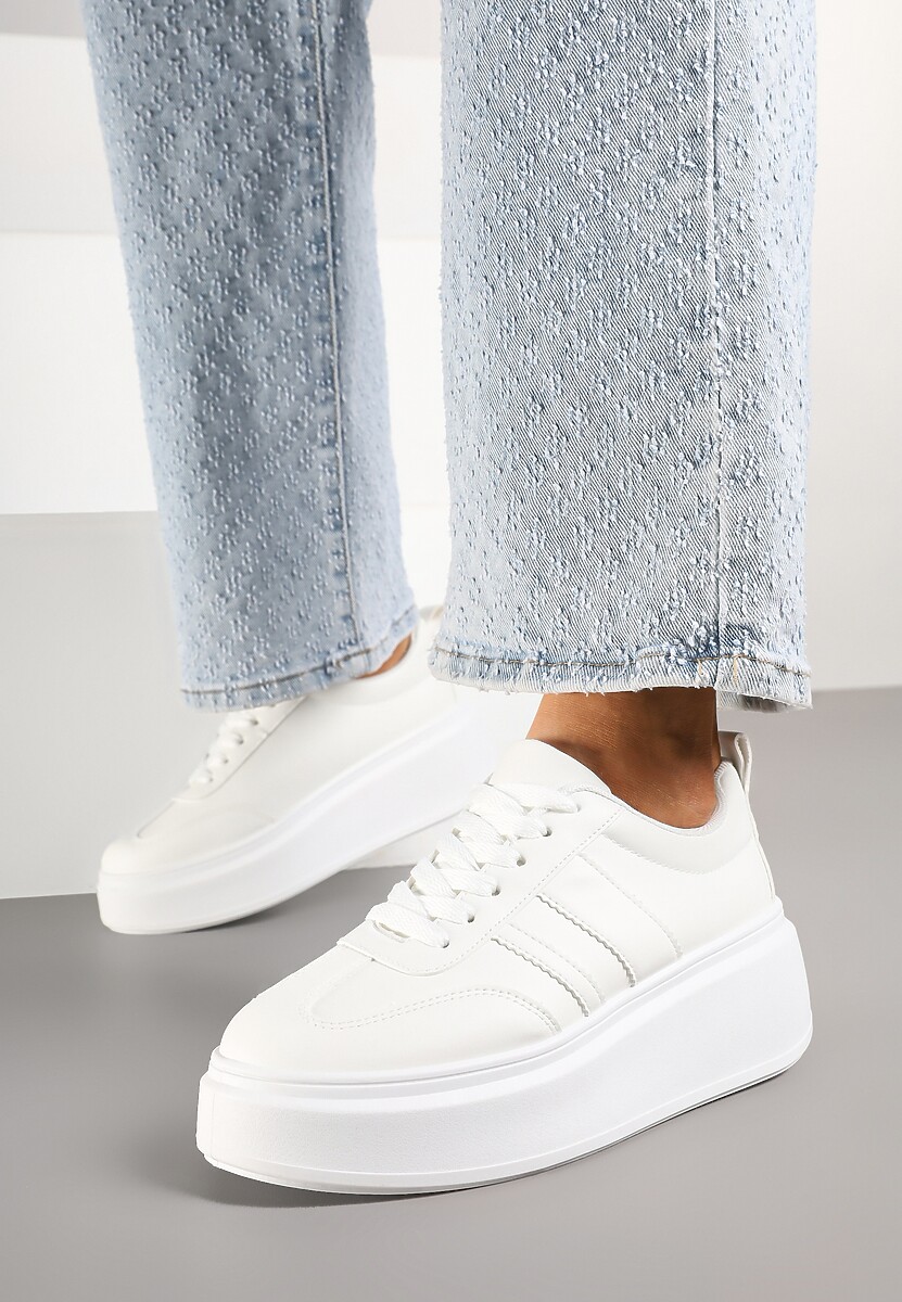 Ciemnobeżowe Sneakersy Klasyczne Tenisówki na Grubej Podeszwie z Koturnem i Paskami Ozdobionymi Printem  w Łaty Adessia