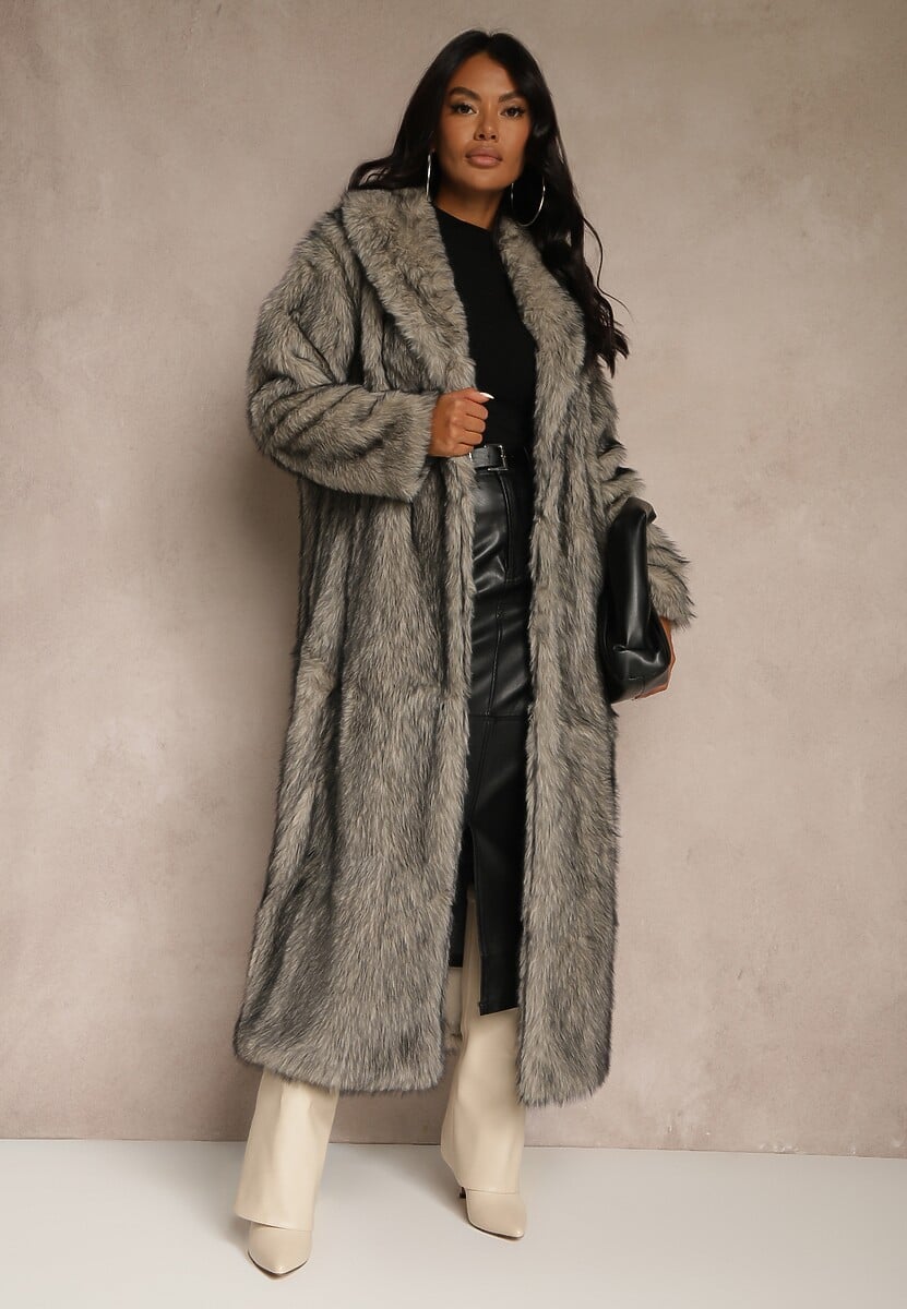 Brązowy Płaszcz Futerko o Długim Kroju Ozdobiony Kołnierzem Cannesa