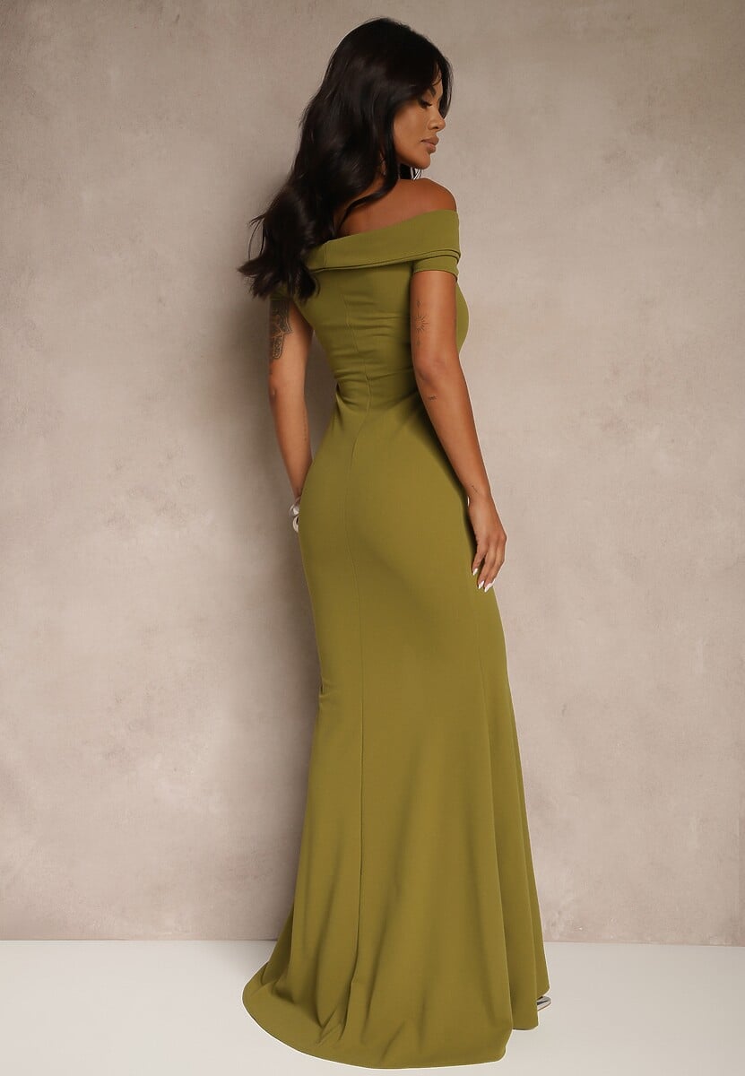 Jasnozielona Sukienka Koktajlowa Typu Hiszpanka z Rozcięciem na Nogę Hallomea