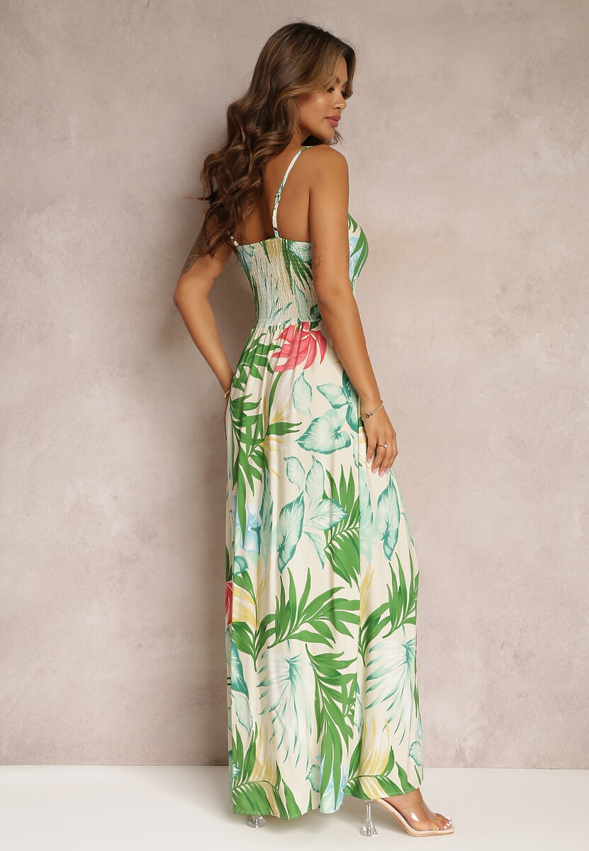 Beżowa Rozkloszowana Sukienka Maxi w Kwiaty Vadin