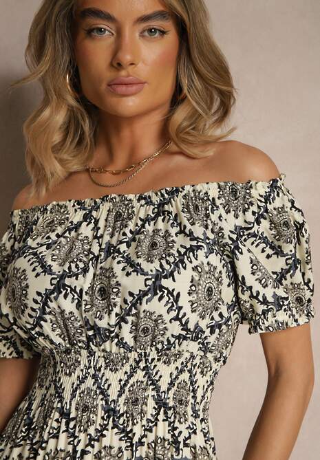 Beżowa Sukienka z Bawełną Ozdobiona Bufiastymi Rękawami Revalle