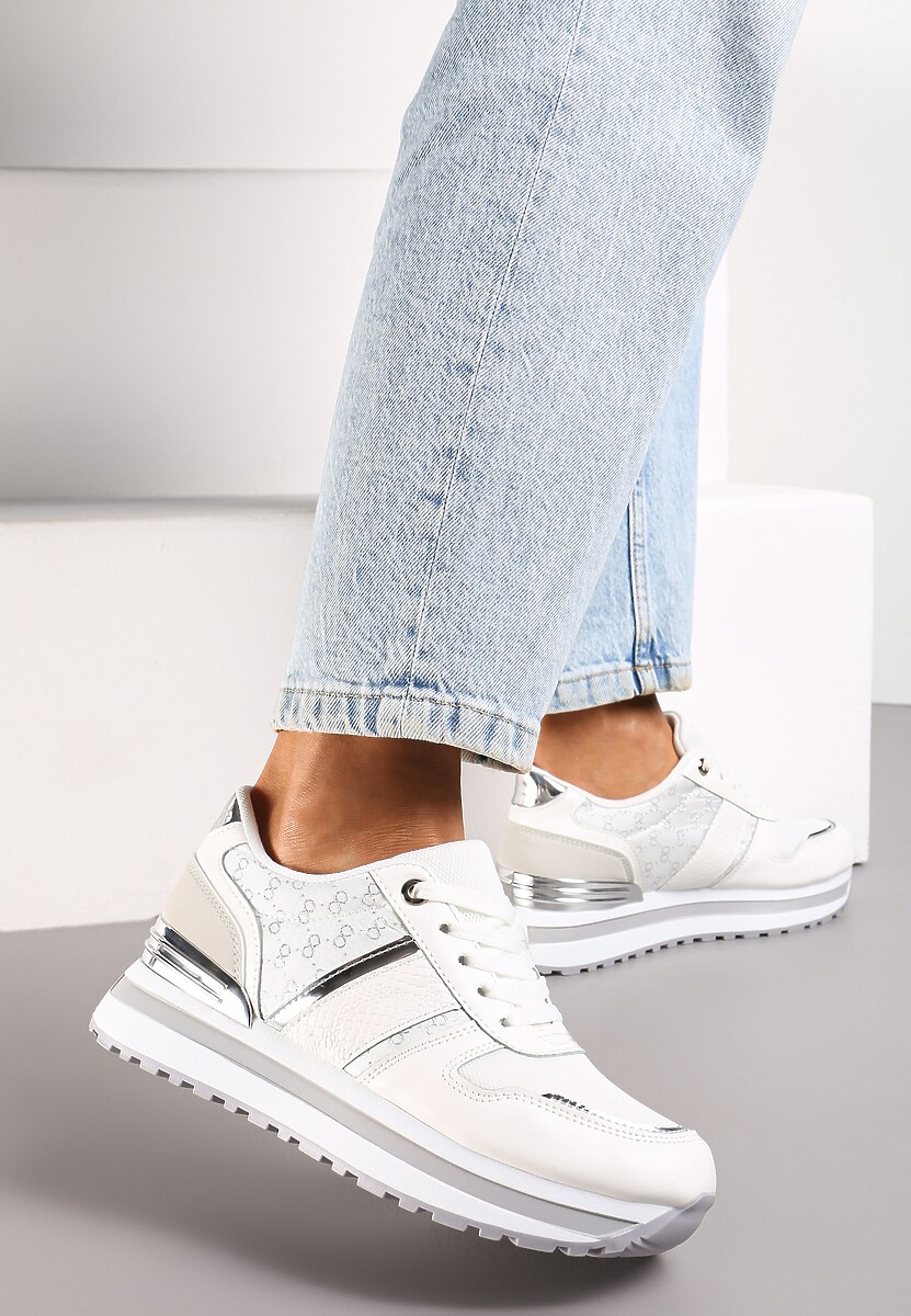 Białe Sneakersy na Podeszwie z Pianki ze Sznurowaniem i Błyszczącymi Detalami Weline