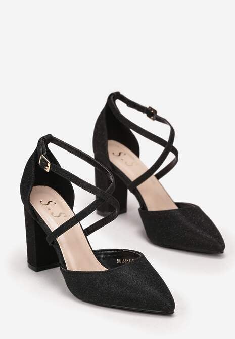 Czarne Brokatowe Czółenka na Słupku ze Sprzączką Yaslyn