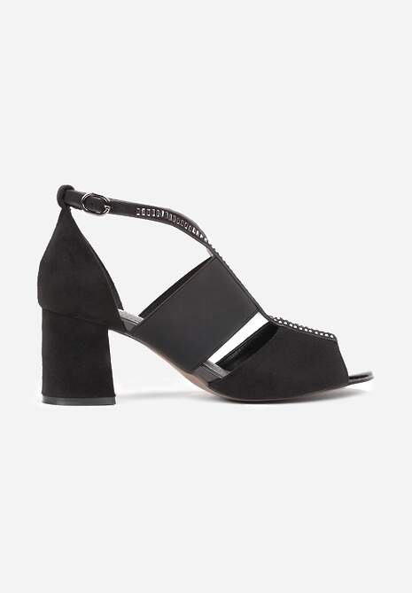Czarne Sandały na Słupku z Ozdobnym Paskiem i Sprzączką Ayzela
