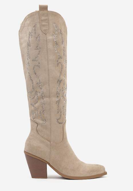 Ciemnobeżowe Kozaki Kowbojki na Stożkowym Obcasie Zdobione Cyrkoniami Nalera