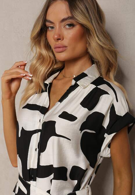 Czarno-Biała Sukienka o Koszulowym Kroju z Materiałowym Paskiem w Talii w Kolorowy Print Hilefia