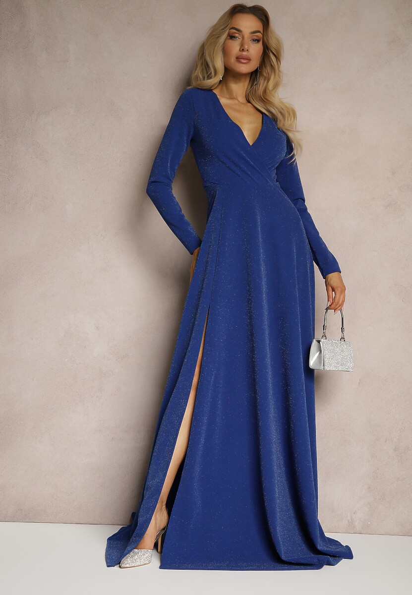 Granatowa Kopertowa Sukienka o Rozkloszowanym Kroju z Rozcięciem i Metalicznymi Przeszyciami Emiraia