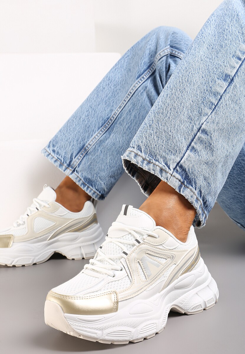 Złote Sneakersy z Siateczką i Wstawkami z Ekoskóry na Grubej Podeszwie Anirele