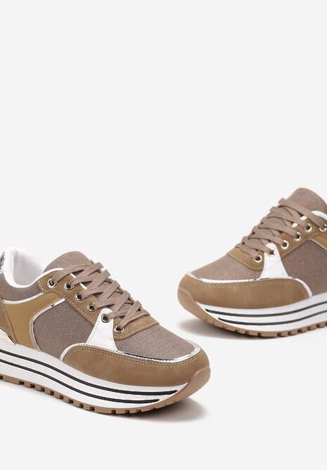 Ciemnobeżowe Sneakersy z Brokatową Dzianinową Wstawką Atobia