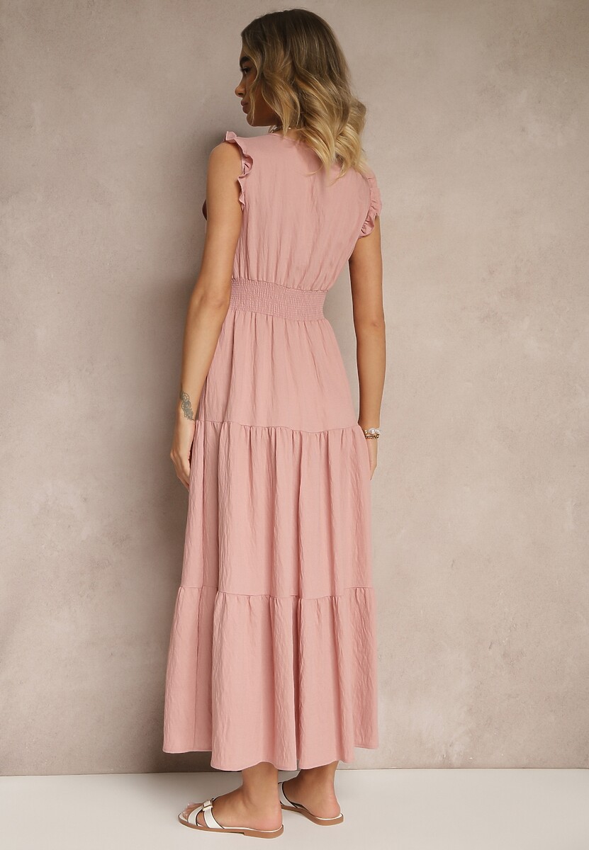 Różowa Sukienka z Wiskozy Ozdobiona Falbankami Sadovene