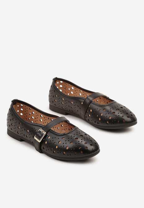 Czarne Balerinki z Ażurowymi Wycięciami z Paskiem na Sprzączkę Frollia