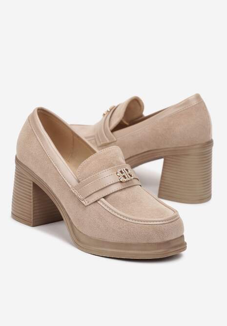 Beżowe Półbuty na Grubym Słupku z Paskiem z Klamerką Celuri