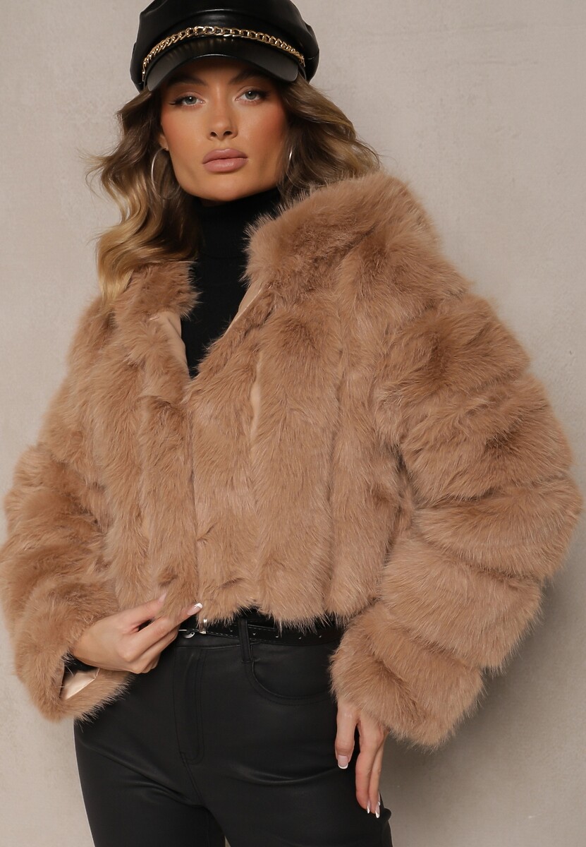 Żółta Krótka Kurtka Futerko z Pikowanymi Przeszyciami Kemeriana