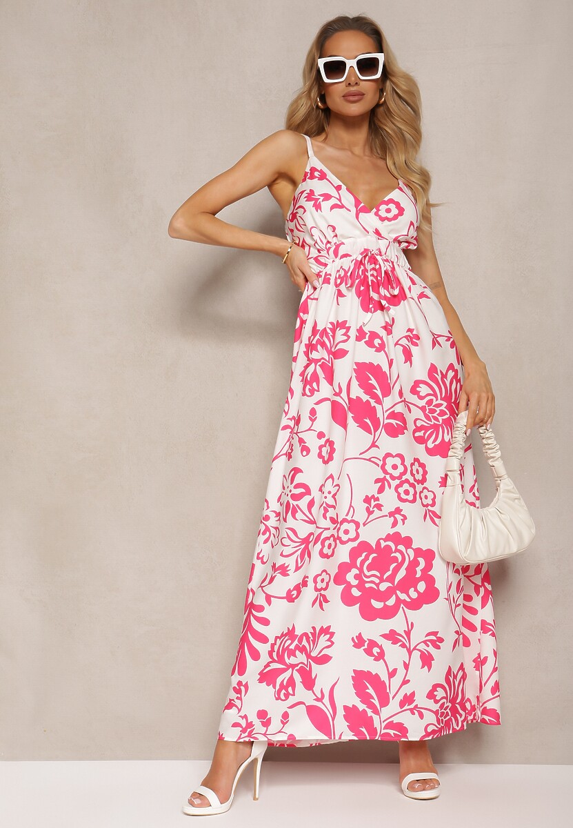 Fuksjowo-Biała Sukienka z Gumkami na Plecach Ściągana w Talii z Regulowanymi Ramiączkami Falora