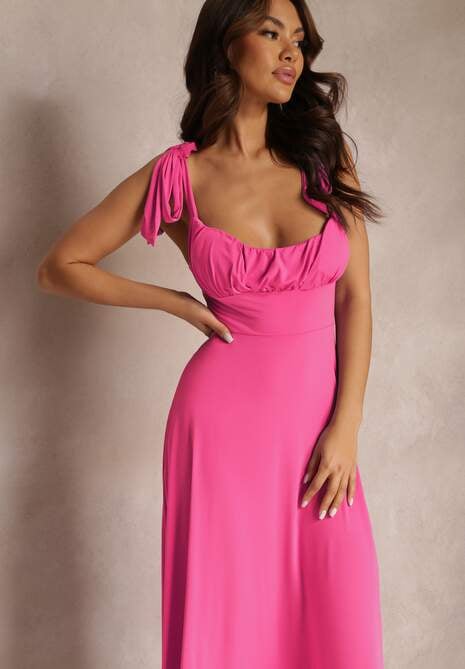 Ciemnoróżowa Długa Sukienka z Marszczonym Dekoltem i Wiązanymi Ramiączkami Rozvita