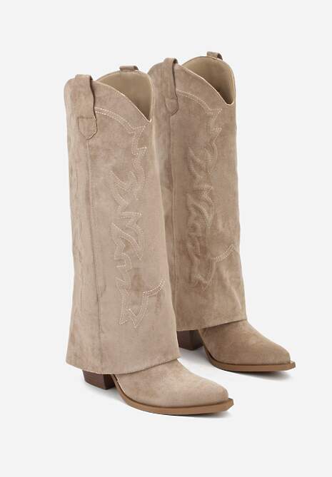 Ciemnobeżowe Kozaki Kowbojki na Stożkowym Obcasie z Wywiniętą Cholewką z Haftem Fenassa