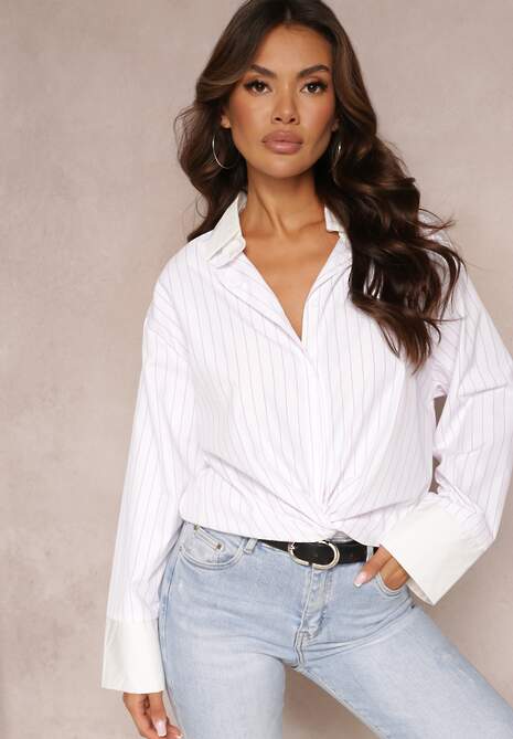 Biało-Różowa Koszula Zapinana na Guziki z Podwijanymi Rękawami Niarin