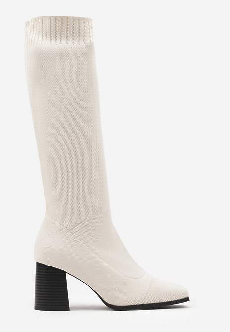 Beżowe Kozaki na Słupku ze Elastyczną Cholewką Ellitra