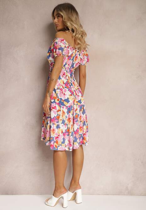 Niebiesko-Różowa Taliowana Sukienka z Bawełny Wykończona Gumką w Talii i Guzikami Nelianne