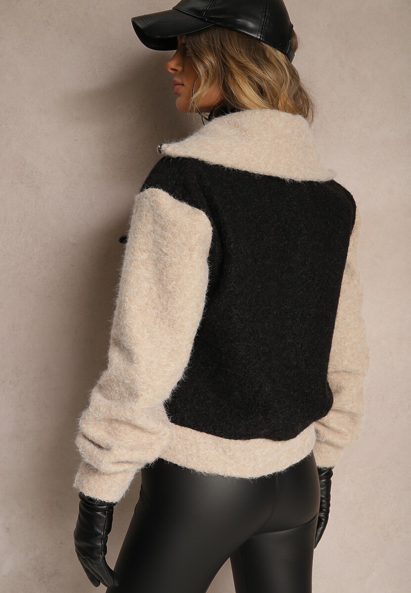 Czarna Przejściowa Kurtka Boucle z Wysokim Kołnierzem i Imitacją Kieszeni Lilarra