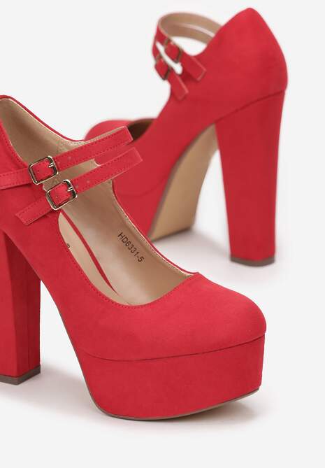 Czerwone Czółenka z Dwoma Paseczkami Słupkiem i Platformą Zoii