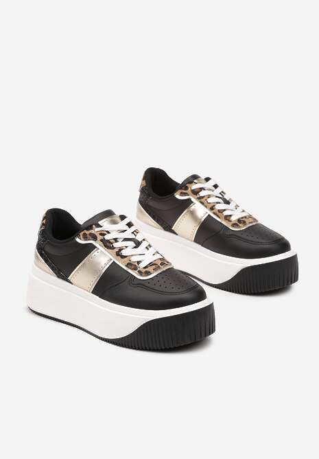 Czarne Sneakersy na Platformie z Metalicznym Zdobieniem i Printem w Panterkę Fonarien