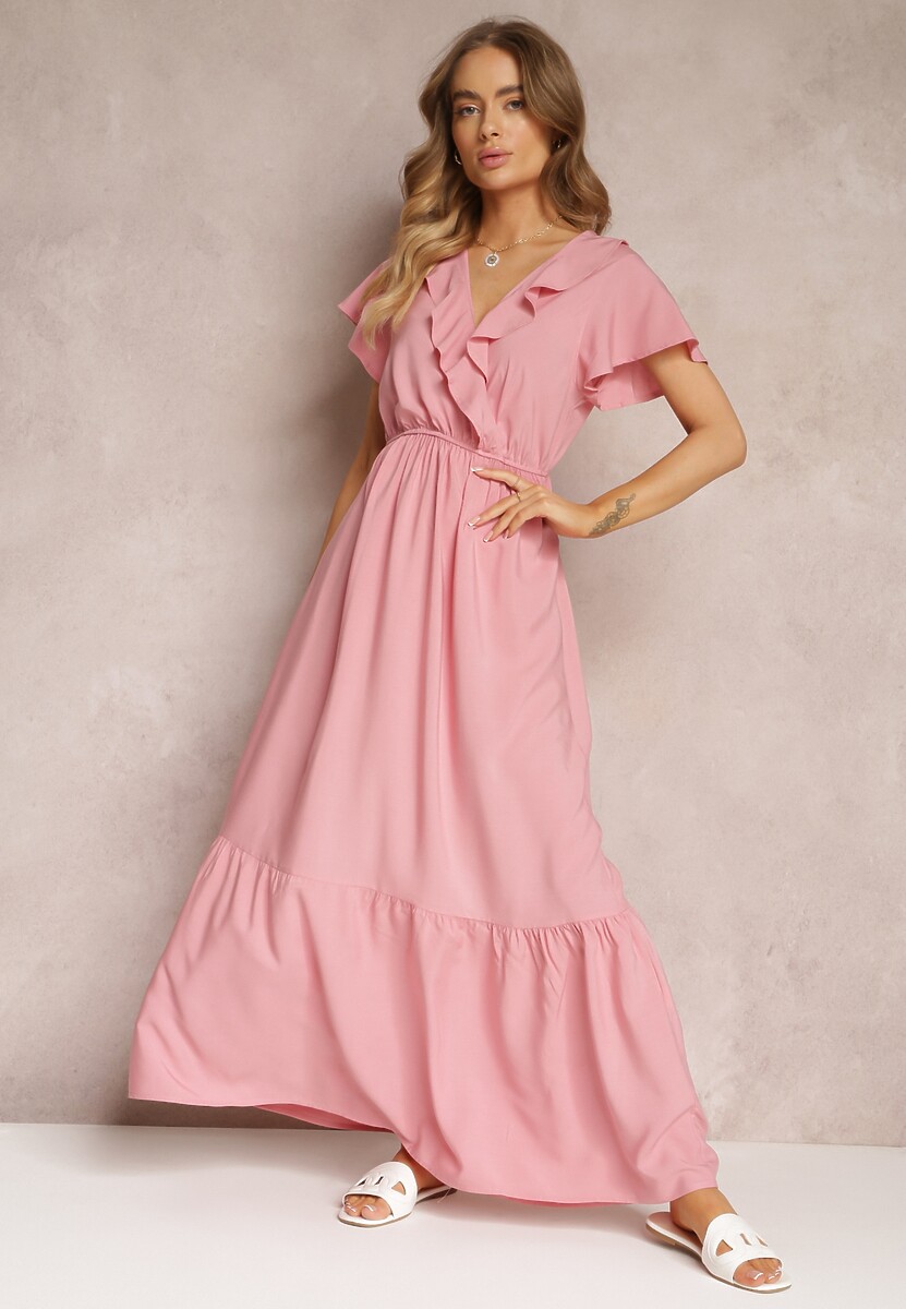 Różowa Sukienka Maxi z Kopertowym Dekoltem i Gumką w Talii Broka
