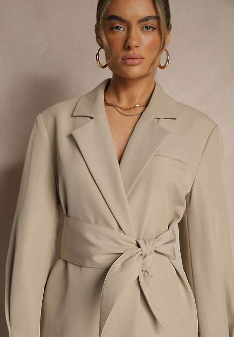 Beżowa Dwurzędowa Marynarka z Geometrycznym Wiązanym Paskiem Lanniva