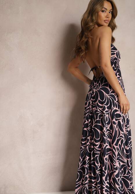 Czarno-Różowa Rozkloszowana Sukienka Wiązana na Plecach z Wiskozy Wiasara