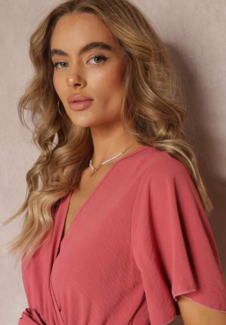 Ciemnoróżowa Sukienka Maxi z Gumką w Talii i Głębokim Dekoltem Chemiste