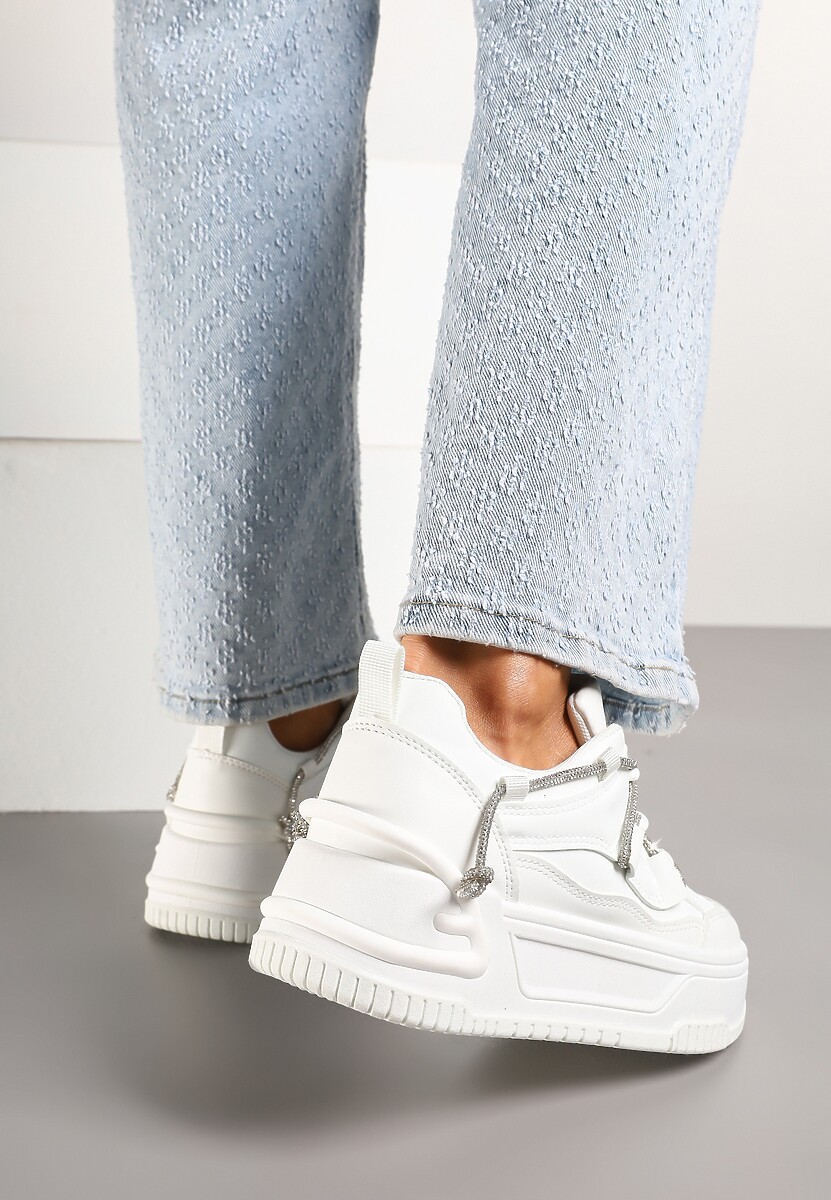 Białe Sneakersy na Platformie z Paskiem z Cyrkonii Aneolin
