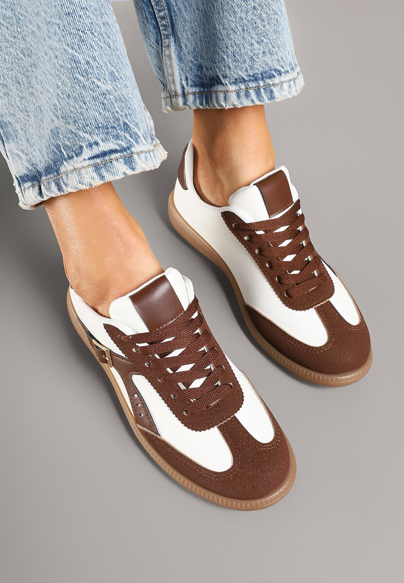 Brązowo-Białe Sneakersy Klasyczne Tenisówki Zdobione Klamerką Senaniela