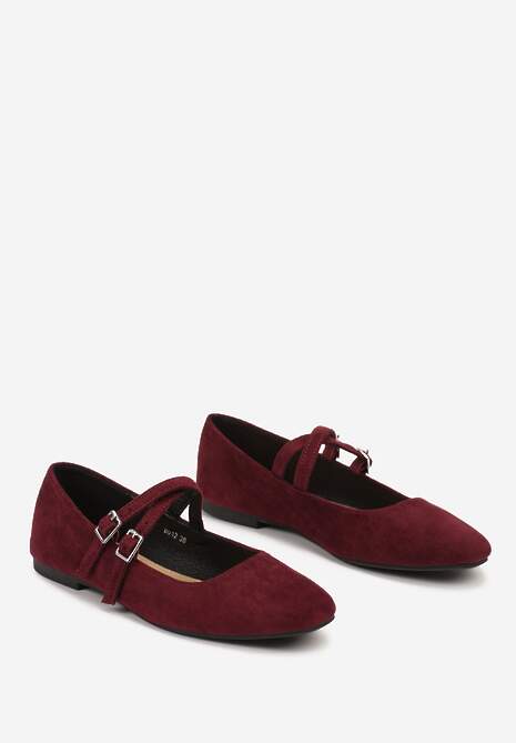 Bordowe Balerinki o Kwadratowym Nosku z Paskami i Eleganckimi Klamerkami Nailan