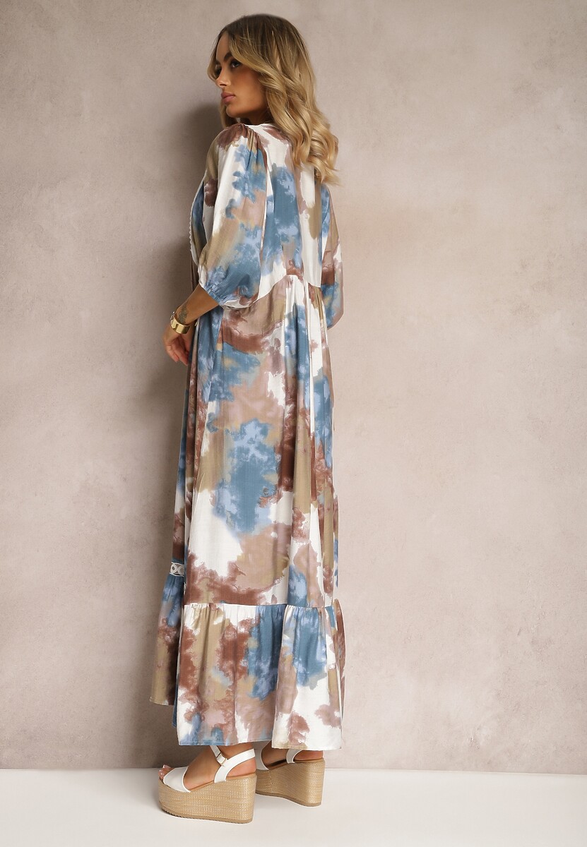 Ciemnobeżowa Sukienka w Stylu Boho z Krótkim Rękawem z Falbanką i Rękawem 3/4 Valendra