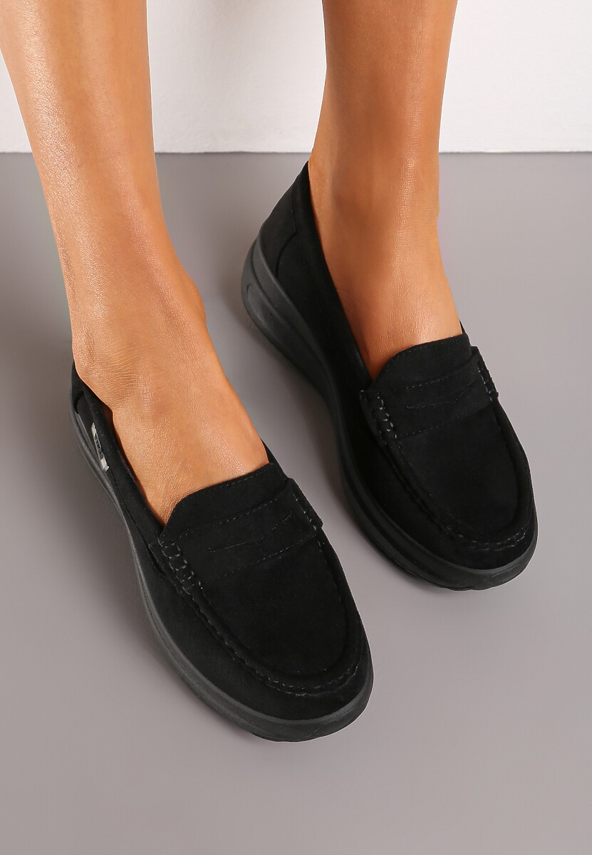 Czarne Mokasyny z Ekozamszu na Platformie Ozdobione Paseczkiem Adrancia