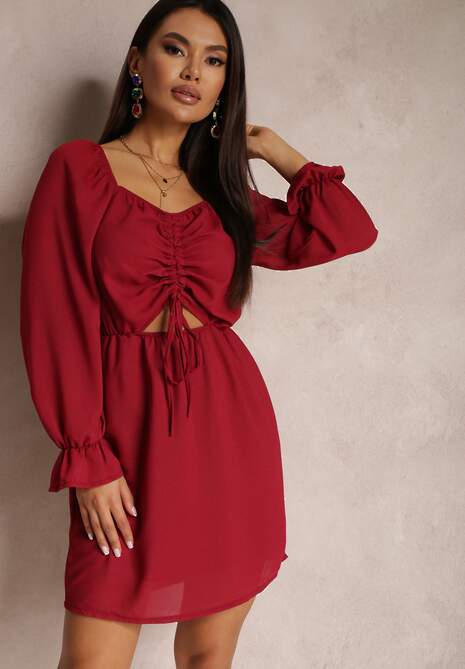 Bordowa Sukienka z Błyszczącą Nitką i Ściągaczem z Przodu Beni