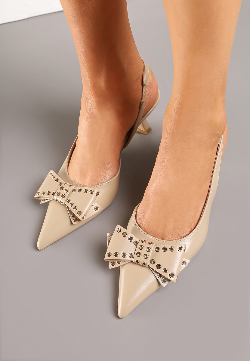 Ciemnobeżowe Sandały Slingback na Kaczuszce Zdobione Kokardą z Nitami Rizonna