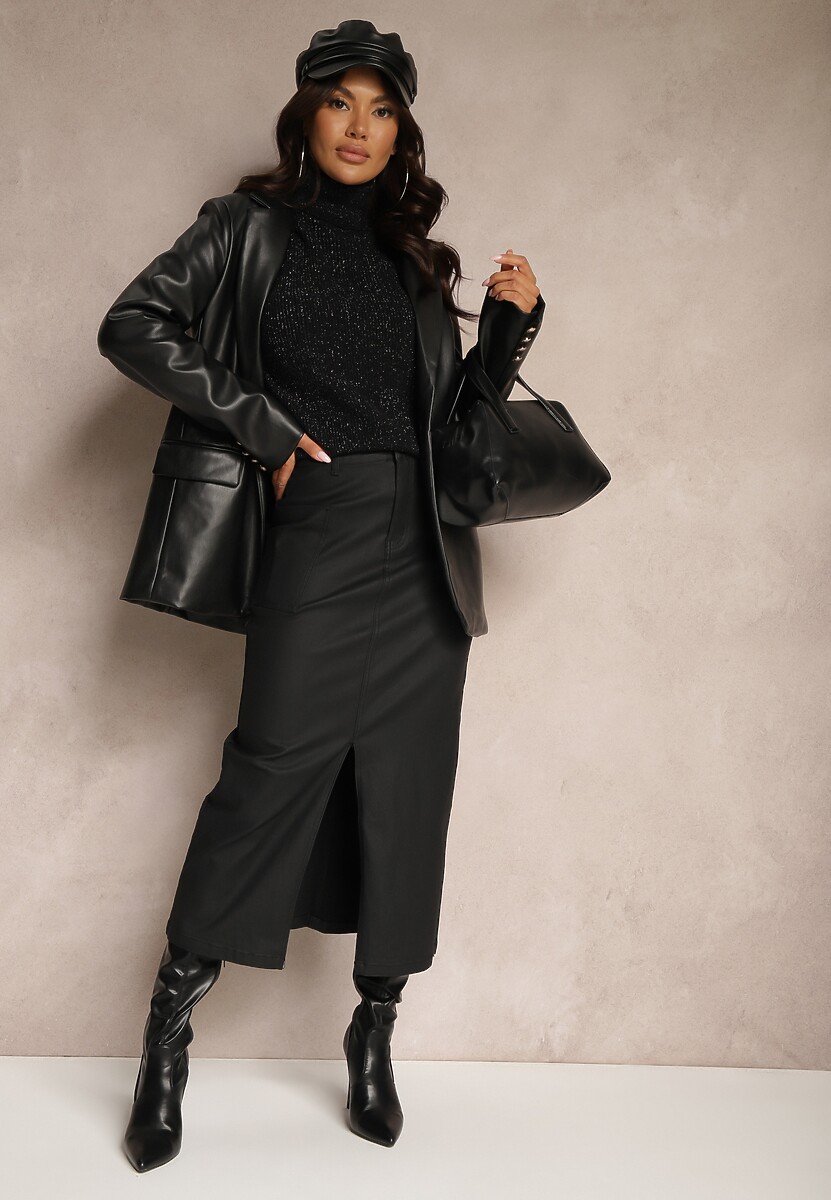 Czarna Spódnica Zapinana na Zamek z Kieszeniami i Guzikiem o Dopasowanym Fasonie Bahar