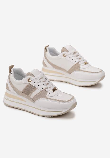 Beżowe Sneakersy z Ekoskóry z Ozdobnymi Wstawkami i Grubą Podeszwą Amifa