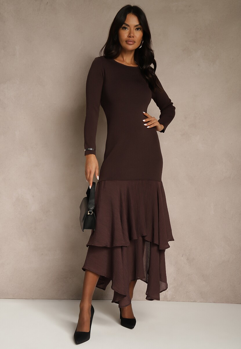 Brązowa Dopasowana Sukienka z Wiskozą Zdobiona Falbankami u Dołu Setra
