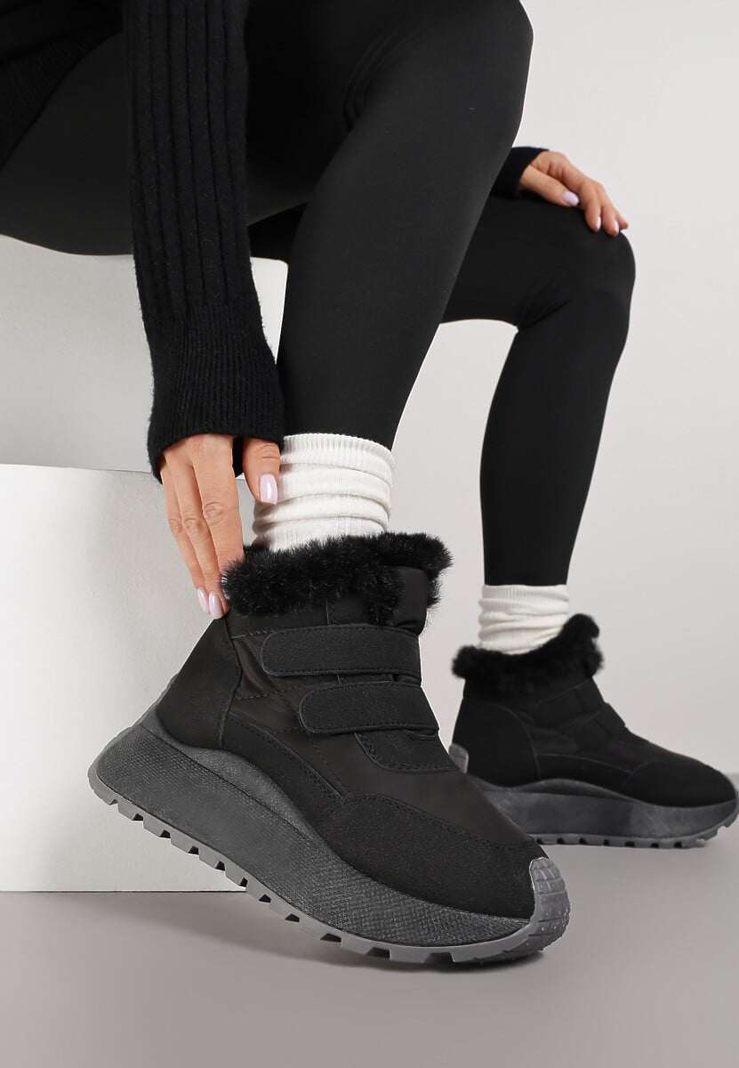 Czarne Sneakersy Śniegowce Vices z Futerkiem na Platformie Zapinane na Rzep Nelosena
